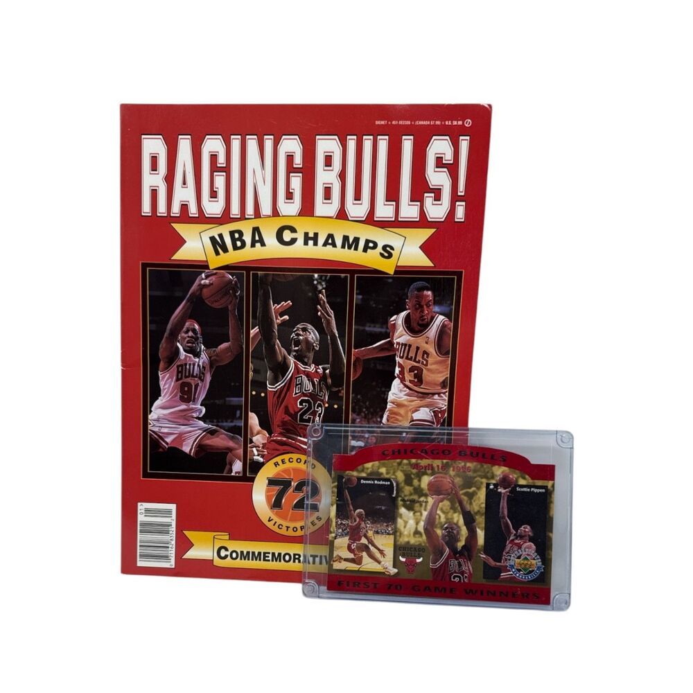 1996 Chicago Bulls Collectibles First 70 Wins Card Raging Bulls book Jordan